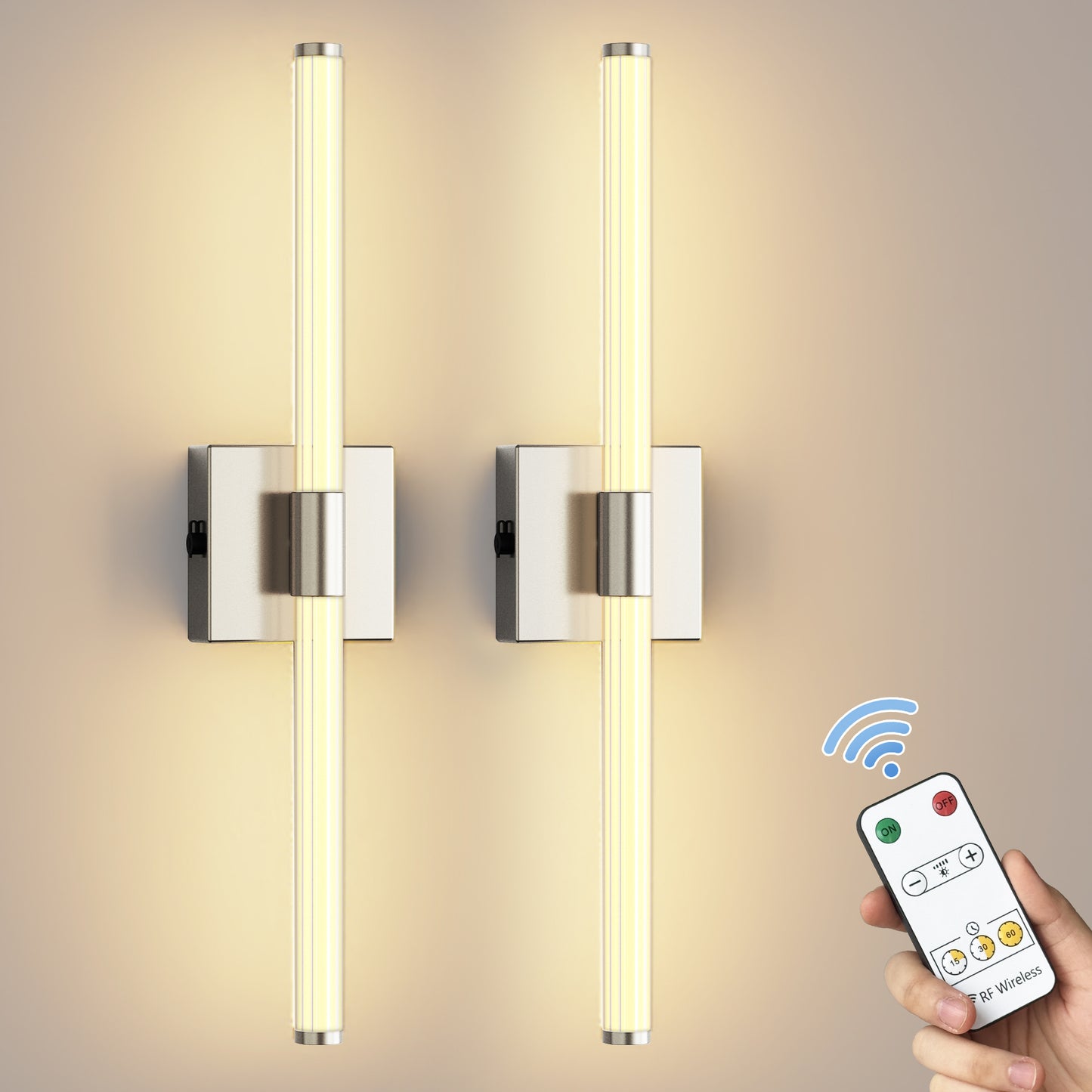 YANSUN 24 in. Nickel 1-Light LED Wall Light Set 3000K Rechargeable Dressing Table Light Strip for Bedroom and Bathroom (2-Pack)