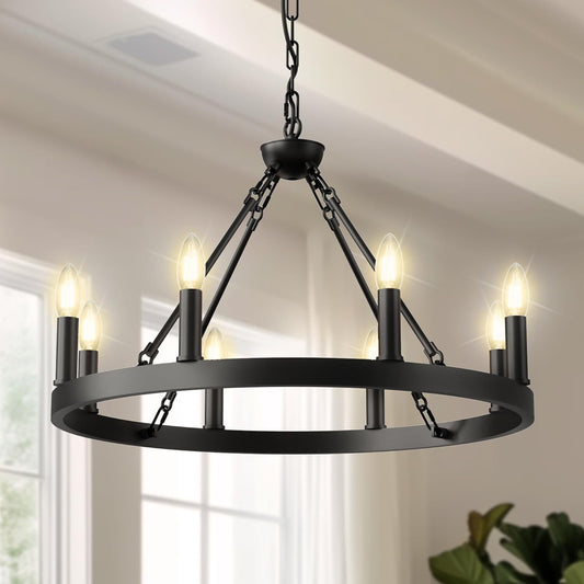 YANSUN 8-Light Black Wagon Wheel Chandelier, Farmhouse Large Candle Style Chandelier for Living Room, Dining Room, Foyer