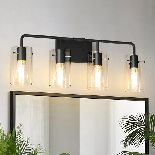 YANSUN 26 in.  4-Light Black Metal Vanity Light with Clear Glass Shade Bathroom Fixture for Modern Farmhouse Style Spaces