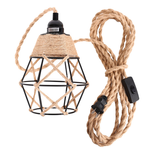 YANSUN 6.29 in. 1-Light Black Geometric Shaded Retro Plug-in Hand Woven Hemp Pendant Light with On/Off Switch for Dining Room