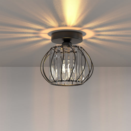 YANSUN 7 in. 1-Light Black Modern Ceiling Light Fixture with Clear Crystal Cage Shade, Semi Flush Mount