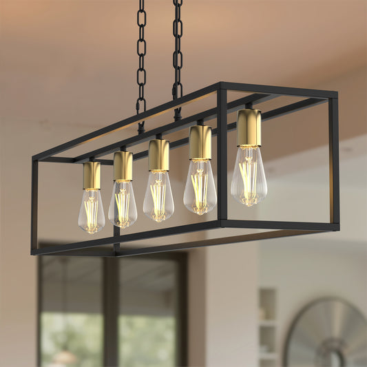 YANSUN Industrial 5-Light Matte Black and Brass Rectangular Island Pendant Light Chandelier with Metal Shade for Dining Room