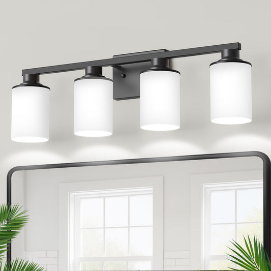 YANSUN 27 in. 4-Light Matte Black Cylinder Glass Shade Vanity Light with Dimmable for Bathroom No Bulbs Included