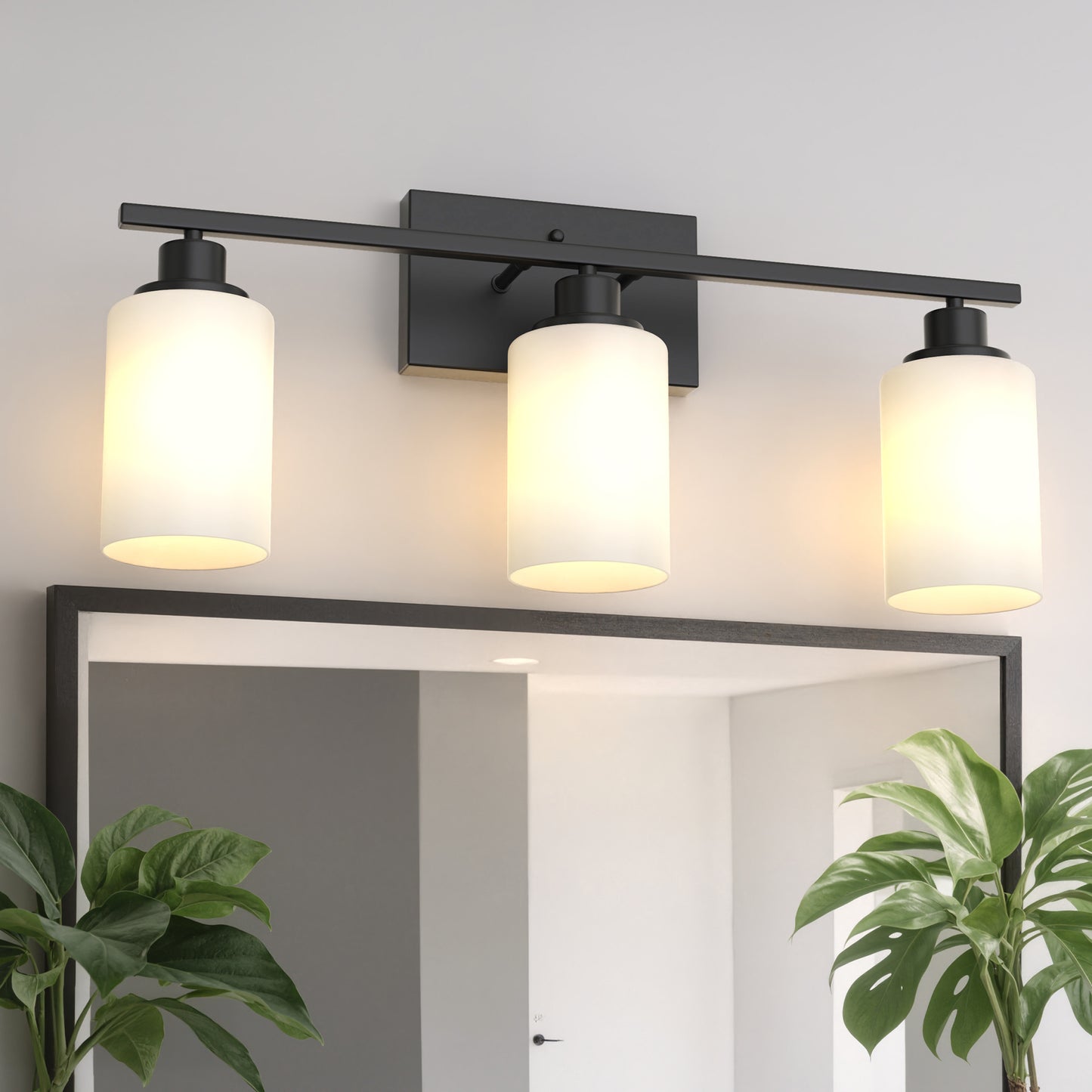 YANSUN 24 in. 3 Light Matte Black Vanity Light with Frosted Cylinder Glass Shades for Industrial Bathroom Design