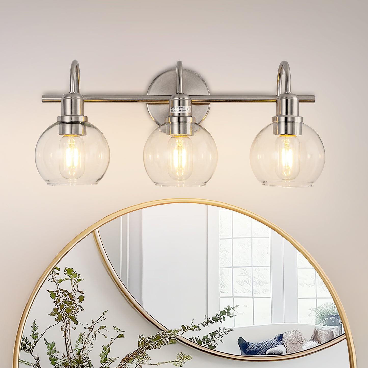 YANSUN 20 in. 3-Light Brushed Nickel Bathroom Vanity Light, Industrial Design with Clear Glass Globe Shade for Powder Room