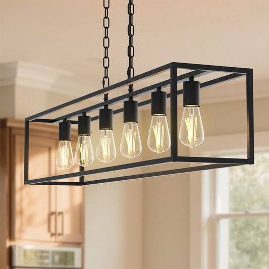 YANSUN 6-Light Matte Black Farmhouse Kitchen Island Lighting, Modern Rectangular Chandeliers for Dining room Foyer