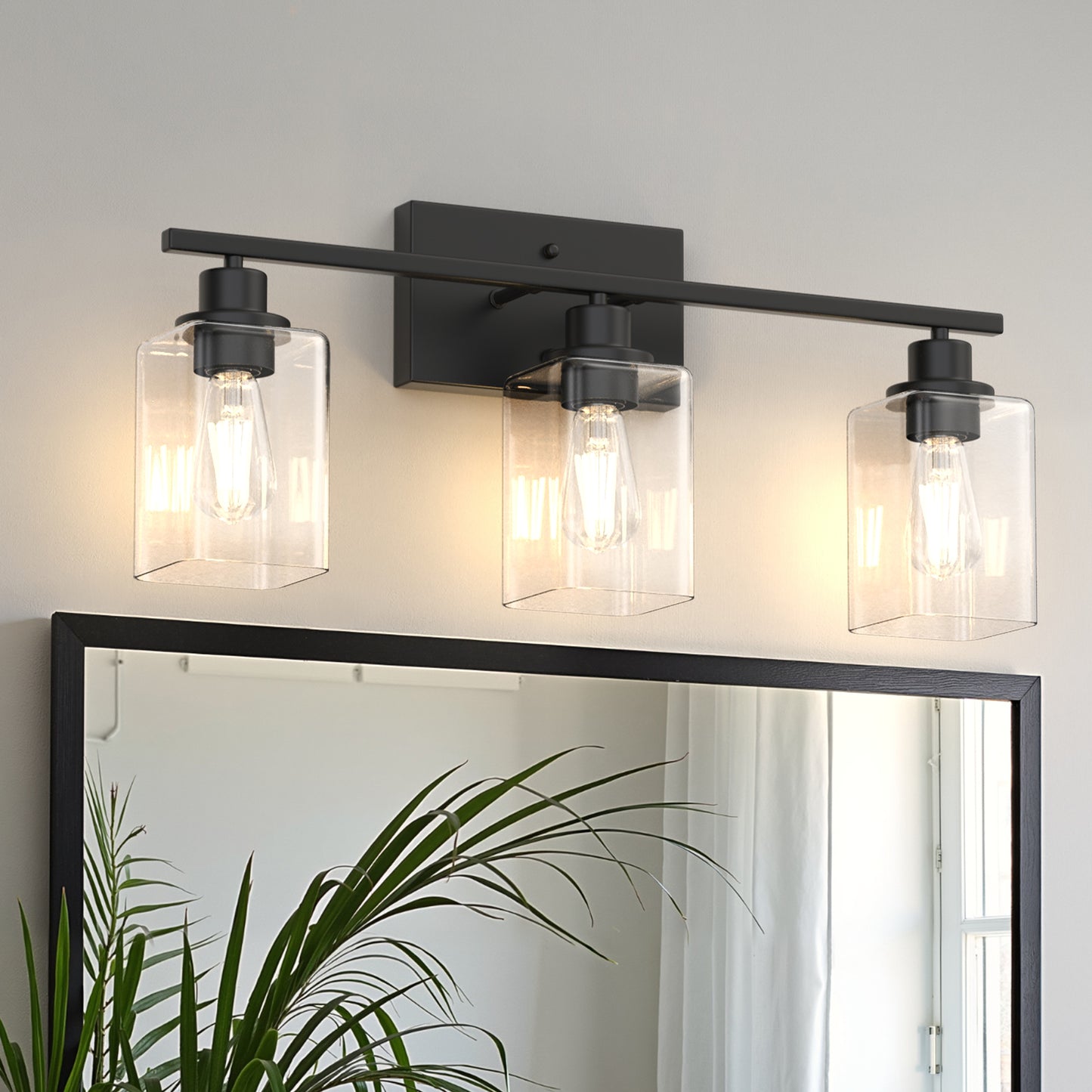 YANSUN 24 in. 3 Light Matte Black Vanity Light with Clear Square Glass Shades for Industrial Bathroom Decor