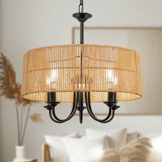 YANSUN 5-Light Hand Woven Rattan Pendant Light, Boho Large Farmhouse Chandelier with 4-Tier Rattan Shade for Living Room