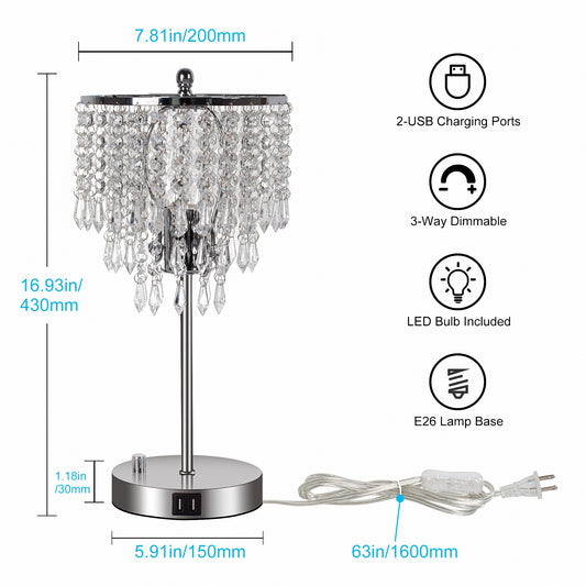 Elegant Crystal Silver Table Lamp with 2 USB Fast Charging Ports, Decorative Nightstand Room Lamps, Bedside Night Light Lamp