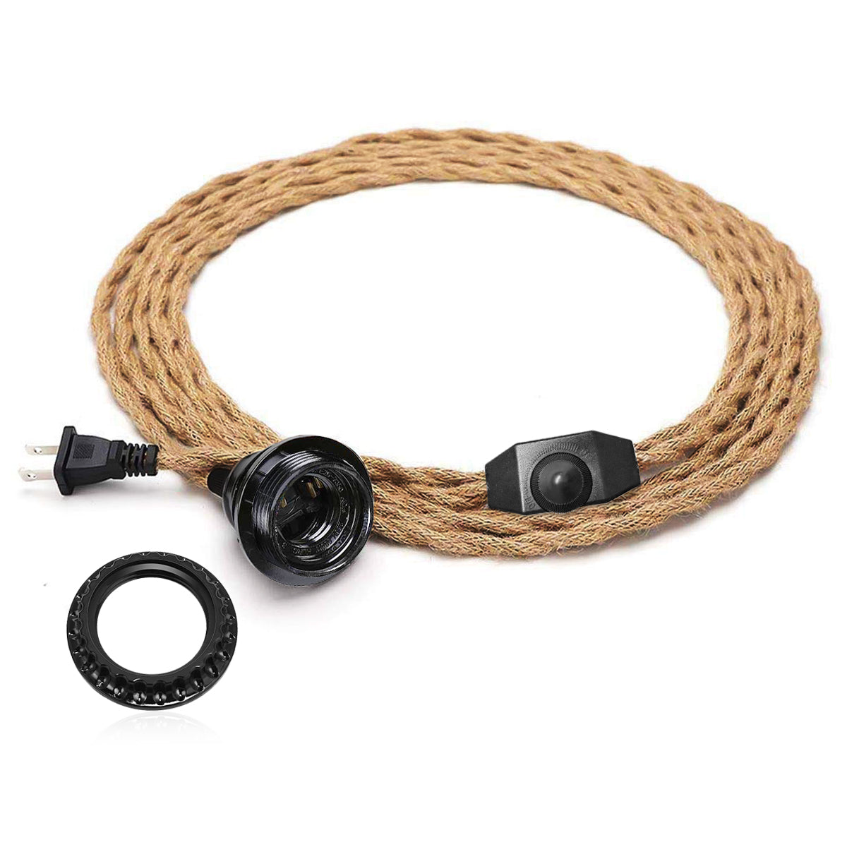 Pendant Light Cord, Hanging Light Kit with Switch Plug in, 15FT Hemp Rope Cord Hang Lamp, Industrial Vintage Pendant Light Socket Set E26 E27, Retro Lamp Cable DIY, Dimmable