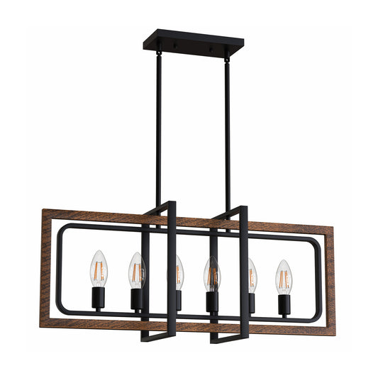 YANSUN 27.95?¡À H 6 Lights Black Kitchen Island Lighting,Farmhouse Dining Room Chandelier,Modern Pendant Lighting,Pool Table Lights,with Natural Wood and Black Finish