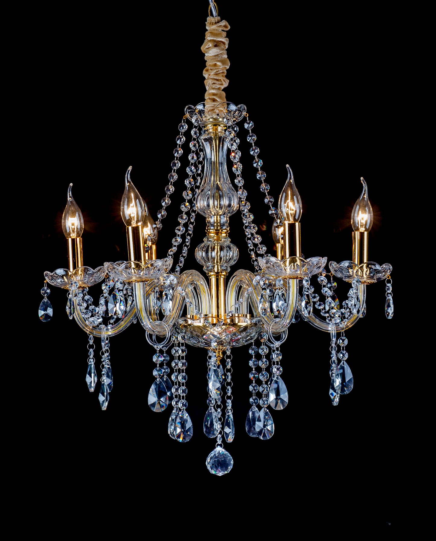6 Lights Gold Color Luxurious Candle Crystal Chandelier, K9 Modern Crystal Chandelier for Dining Room, Glass Ceiling Pendant Lamp for Living Bedroom Lighting Hall Balcony