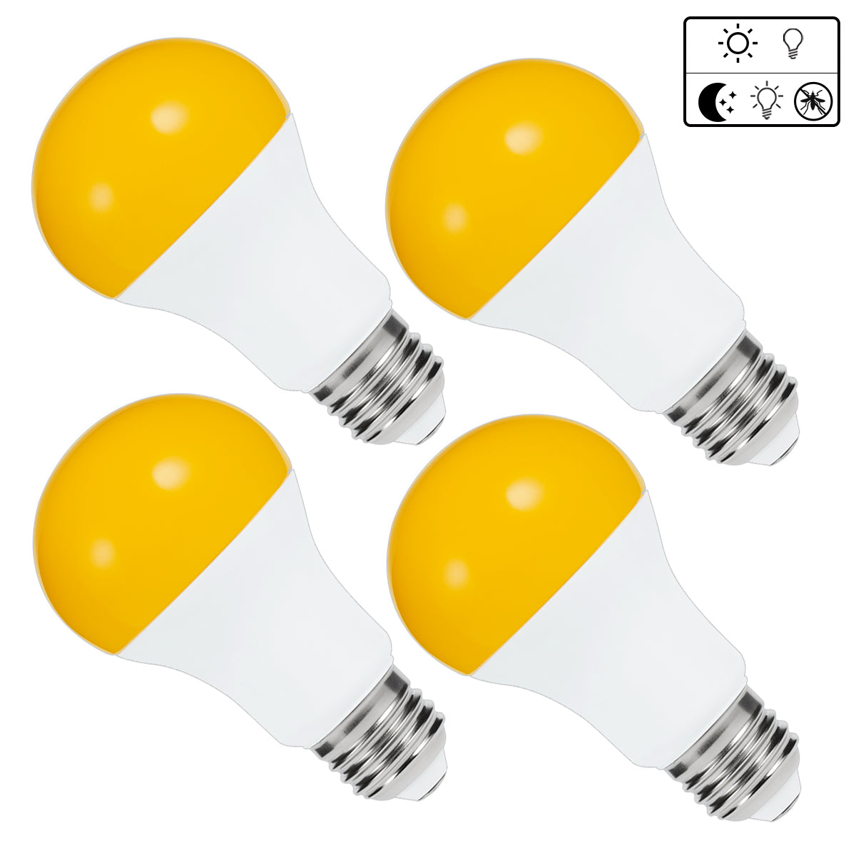 A19 LED Bug Light Bulb Yellow Color Bulb, 6 Watt (60W Equivalent) E26 Medium Base Outdoor Porch Lights, Dusk to Dawn, 4 Pack