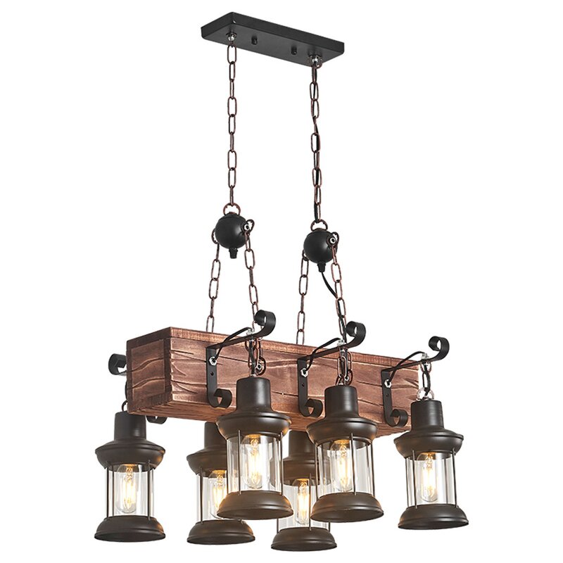 6 Light Solid Wood Farmhouse Chandelier ,Kitchen Celling Light Fixture¡ê?Adjust Height Pendant Light
