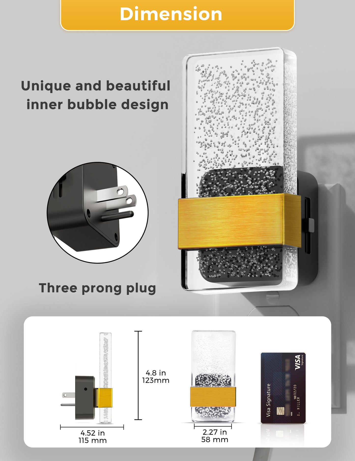 YANSUN 1-Watt Acrylic Square  Plug-in Integrated LED Night Light with Sliding Dimmer, Amber 1600K, Black & Copper, 2-Pack