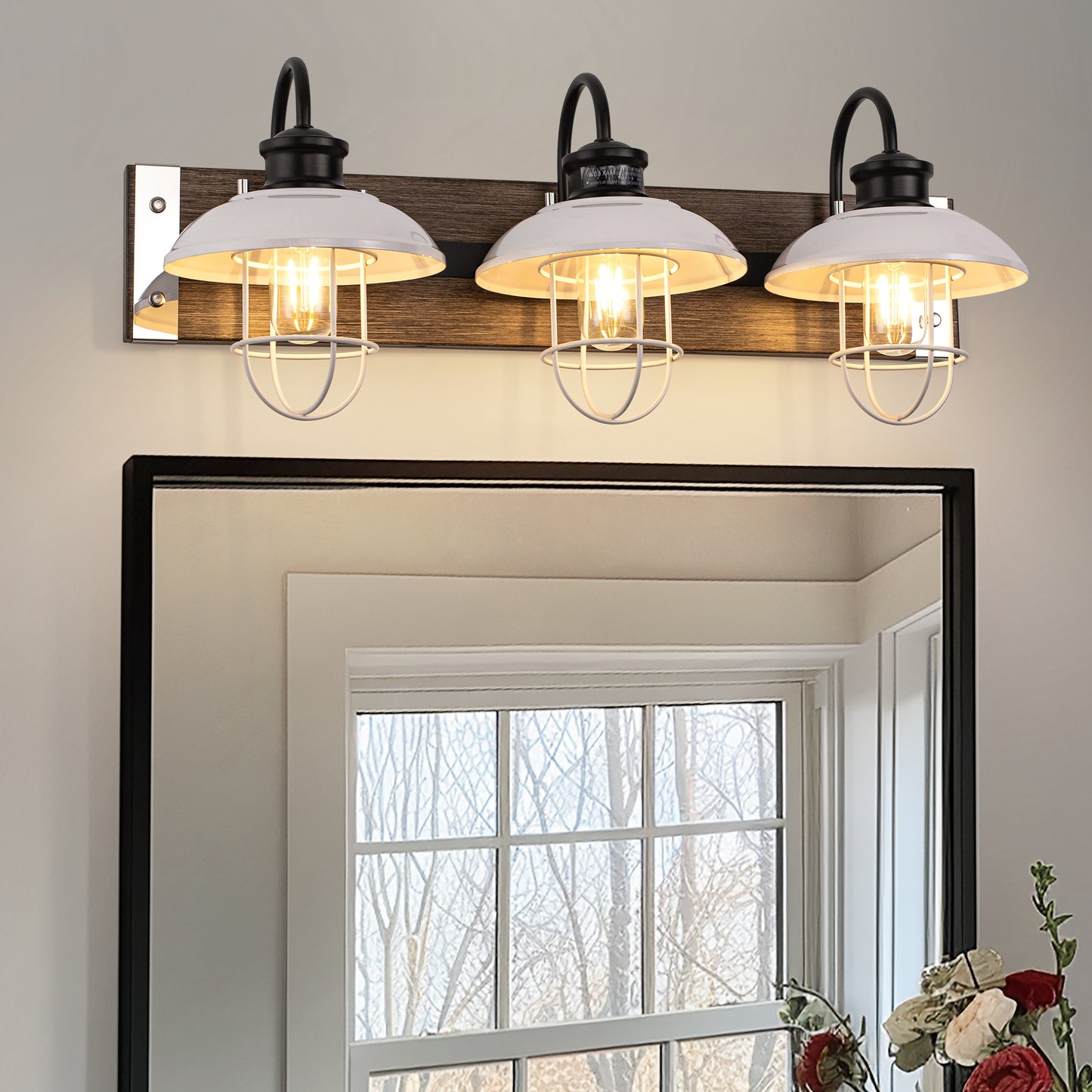 YANSUN 24 in. 3 Light Chrome and Wood Grain Modern Unique Bell Vanity Light for Bathroom, Kitchen with White Metal Shades