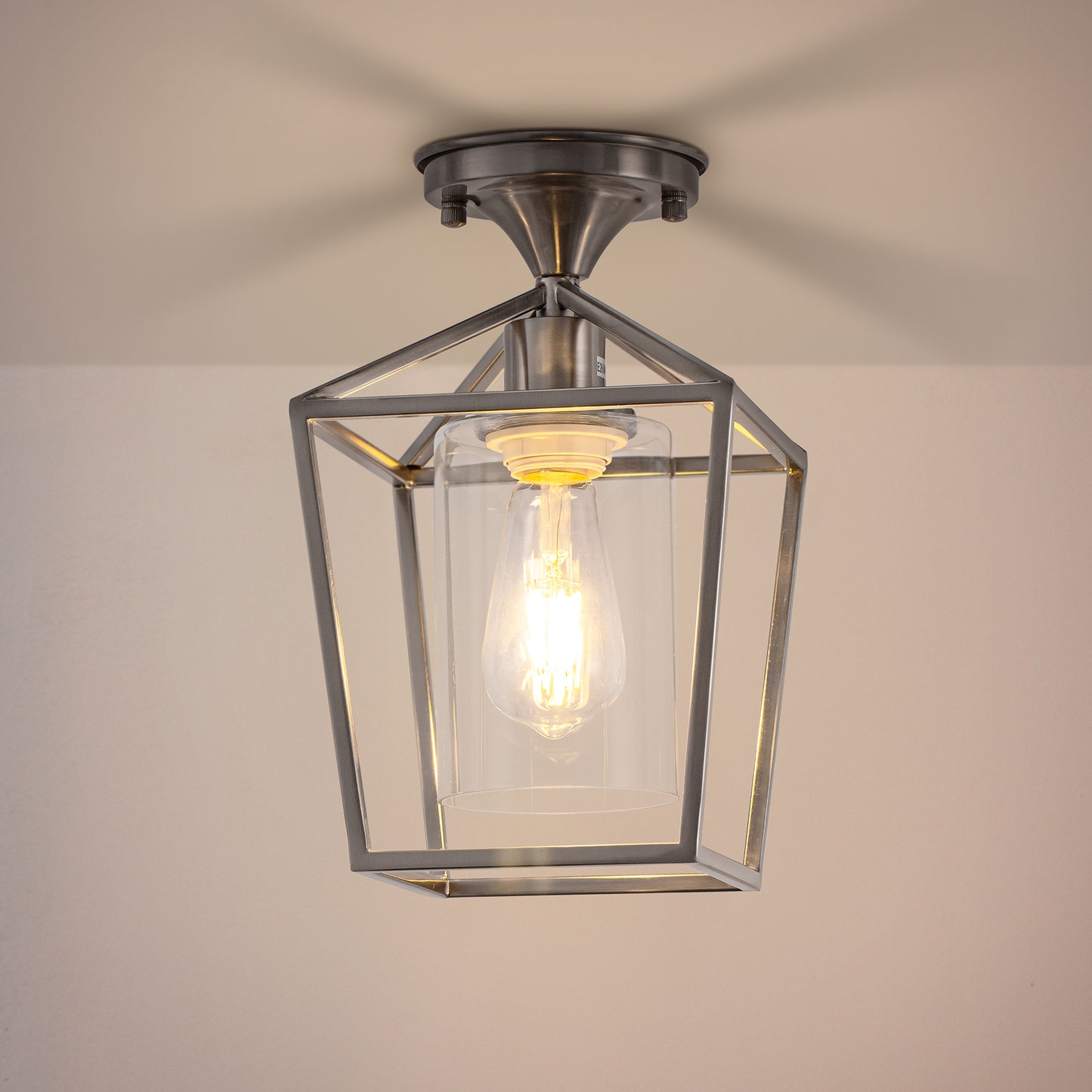 YANSUN 7 in. 1-Light Nickel Semi Flush Mount Ceiling Light, Farmhouse Retro Cage Kitchen Lighting Fixtures with Glass Shade