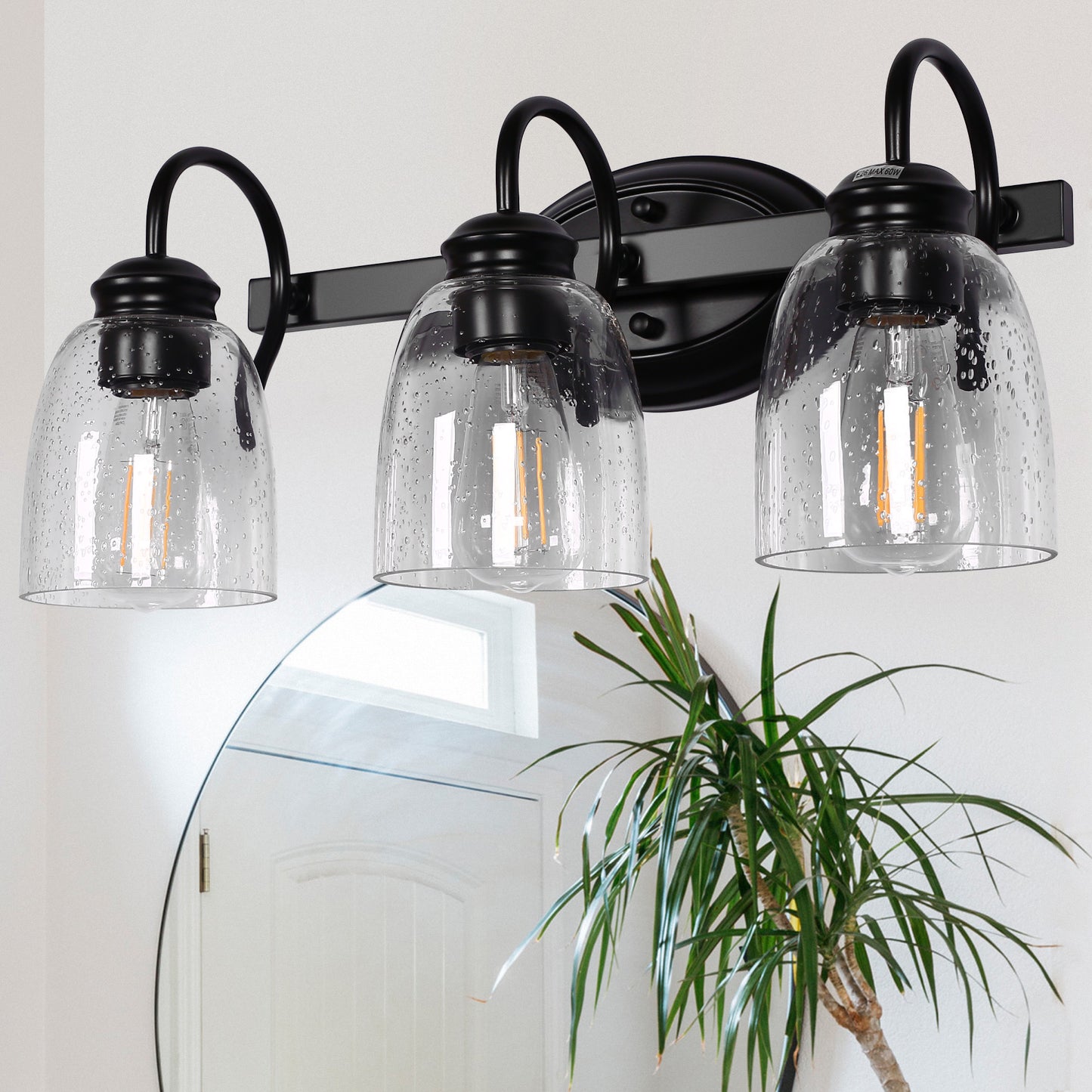 18.89 in. 3-Light Matte Black Modern Bathroom Vanity Light Mirror Wall Light with Black Accents and Seeded Glass Shade