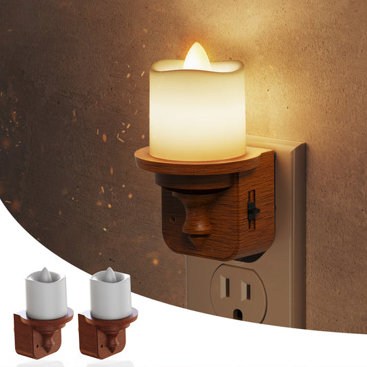 YANSUN 1-Watt Candle-Style Plug-in Integrated LED Night Light with Light Sensor, Woodgrain Plastic, Amber 2700K, 2-Pack