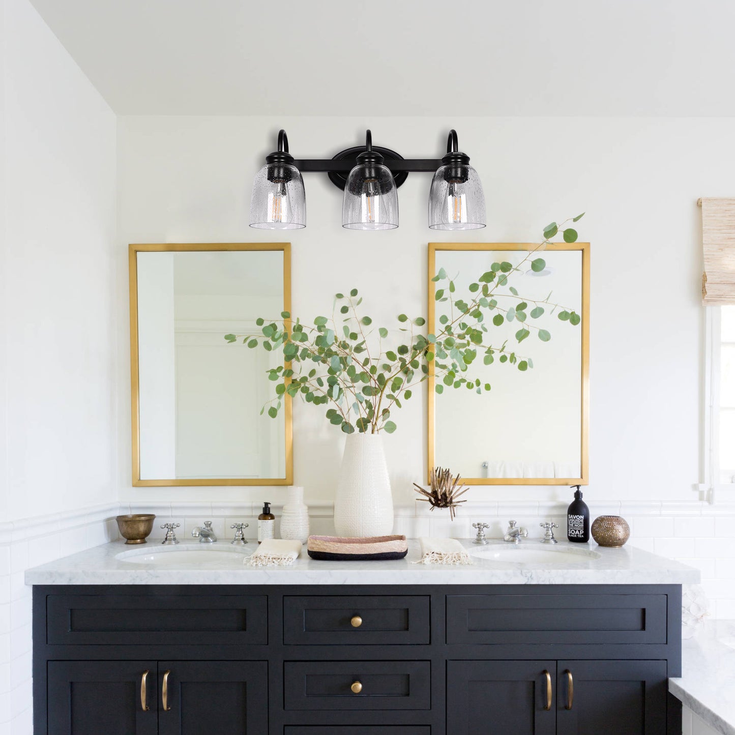18.89 in. 3-Light Matte Black Modern Bathroom Vanity Light Mirror Wall Light with Black Accents and Seeded Glass Shade