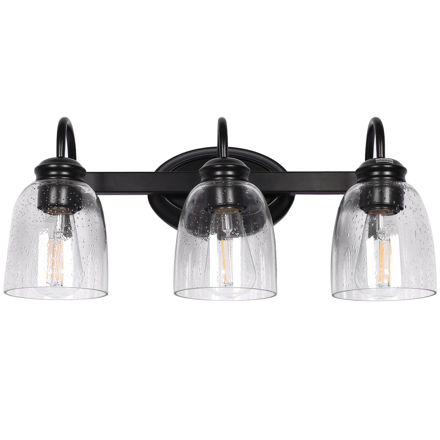 18.89 in. 3-Light Matte Black Modern Bathroom Vanity Light Mirror Wall Light with Black Accents and Seeded Glass Shade