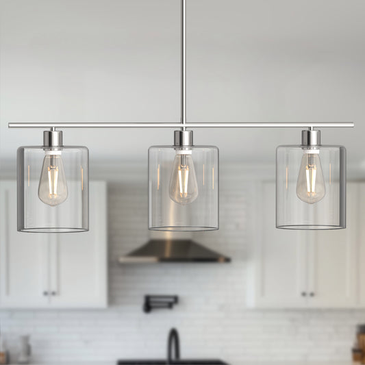 YANSUN 3-Light Brushed Nickel Modern Island Pendant Light Fixtures, Linear Chandelier Hanging Light with Clear Glass Shade