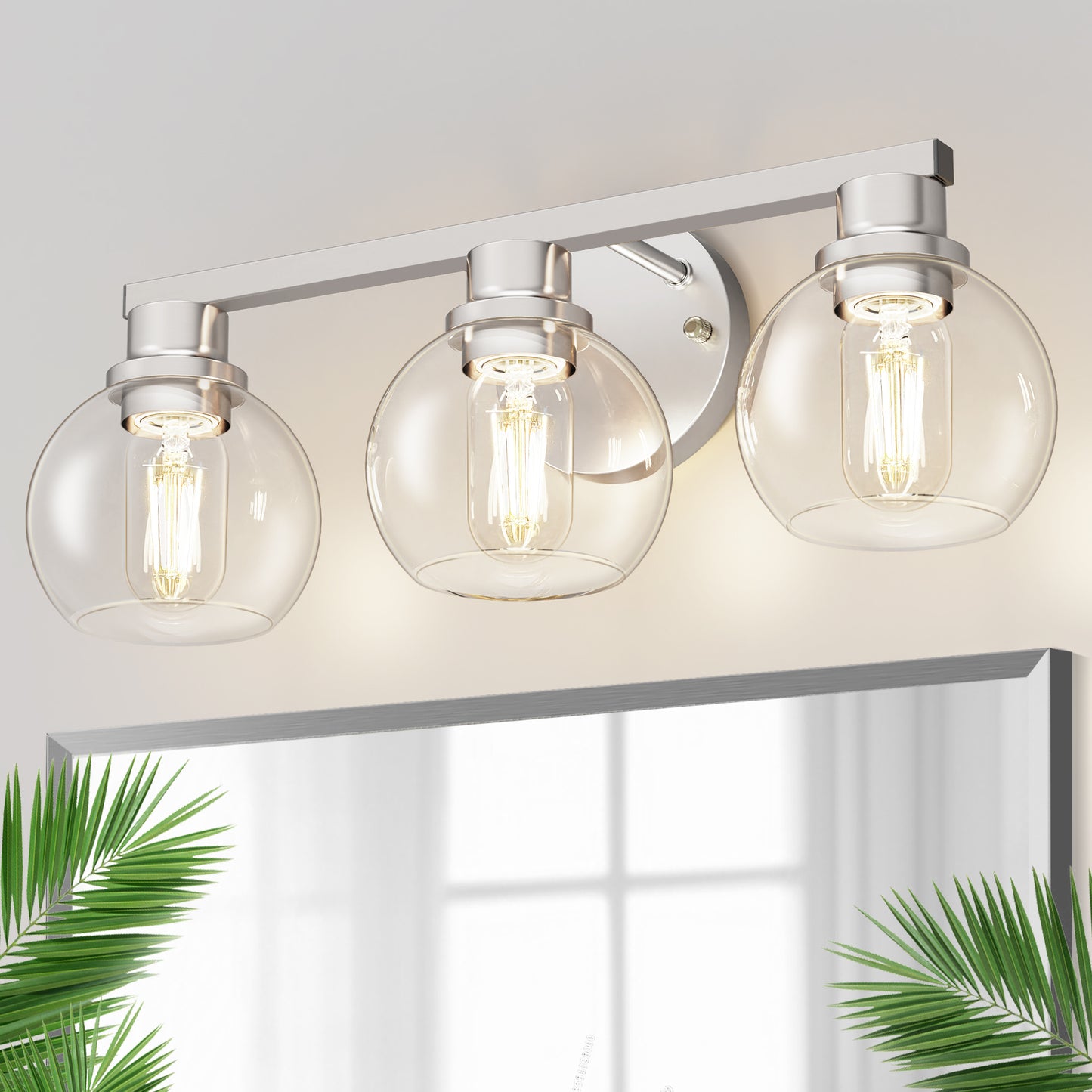 YANSUN 19 in. 3-Light Brushed Nickel Bathroom Vanity Light, Powder Room Lighting with Clear Globe Shades for Bathroom Dressers