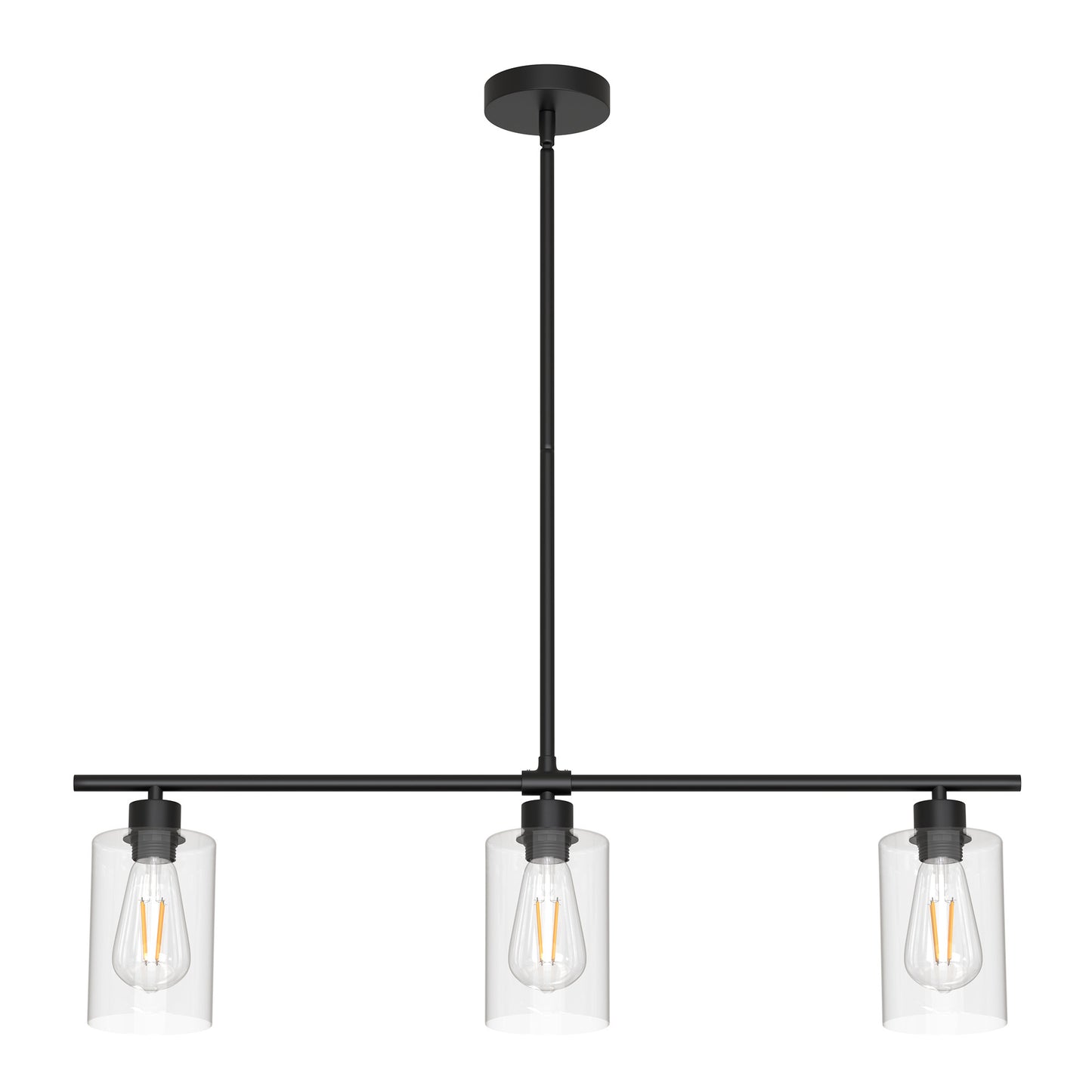 YANSUN 3 Light American Style KD Pendant Light with Clear Glass Shades, Black Finish, Adjustable Height, No Bulb Included