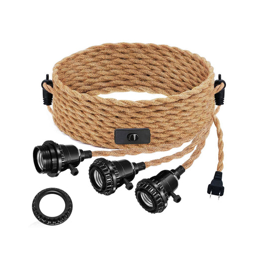 YANSUN 39.37 in. 3-Light Vintage Plug-In Hanging Pendant Lamp with Hemp Rope and Black Socket (Without Shade)
