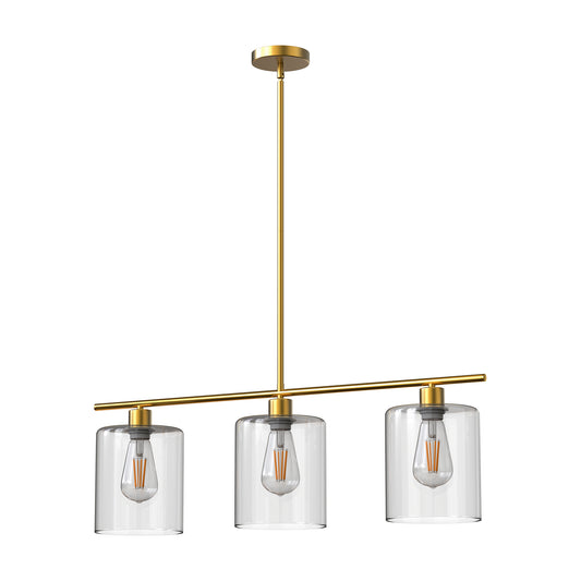 YANSUN 31.5 In.3-Light Brass Pendant Light with Clear Glass Shadesfor Kitchen, Dining Room, or Island Light Bulbs Not Included