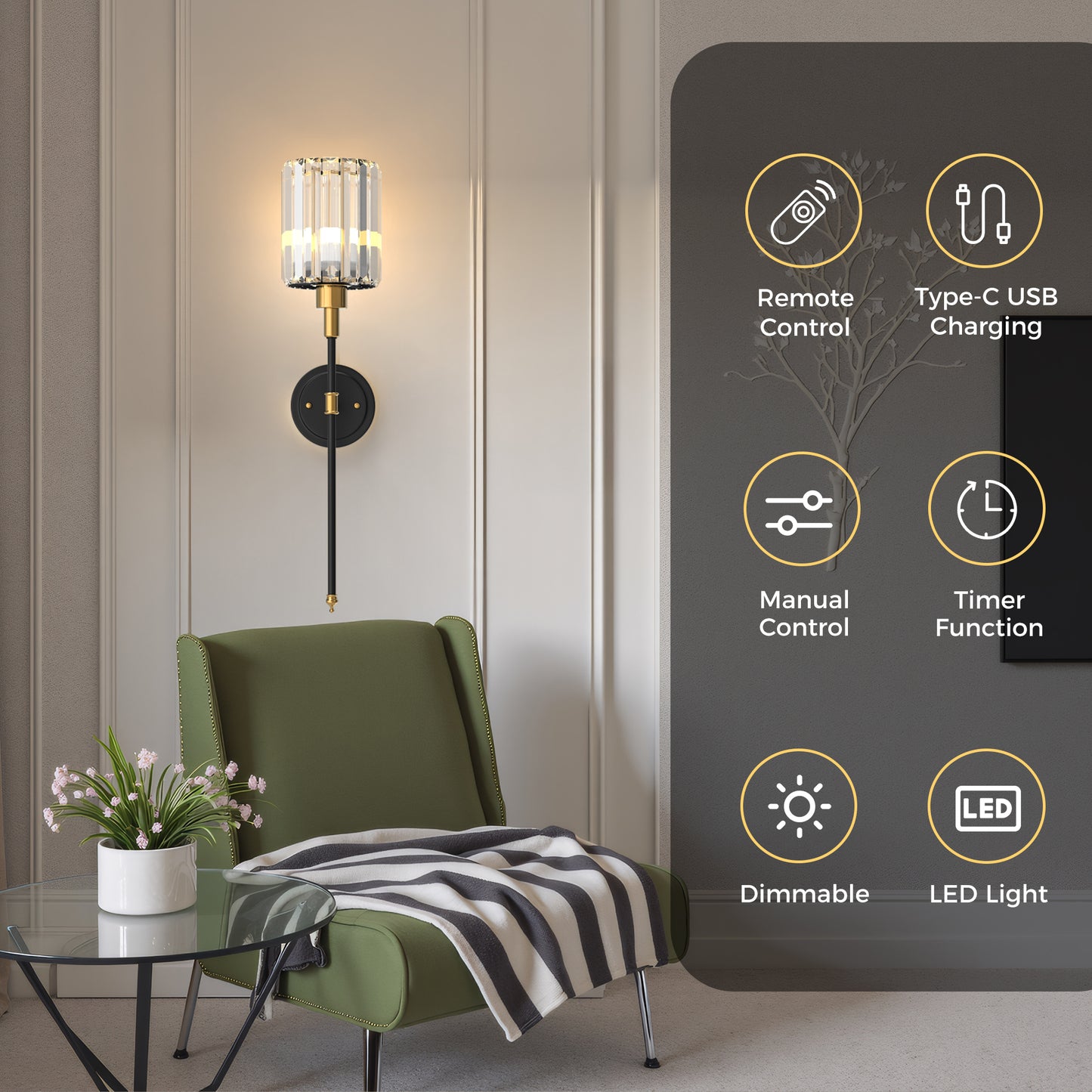 YANSUN 2pk Modern Crystal Wall Sconce with Remote Control, 24.6" Black & Copper Decorative Indoor Wall Light with RGB Color Changing Bulb