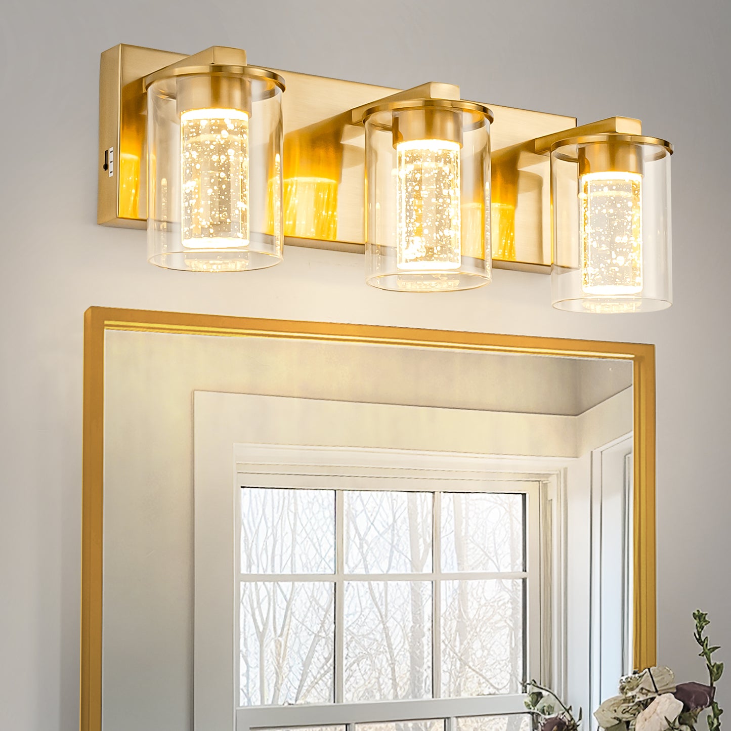 YANSUN 17 in. Modern 3-Light Gold Crystal Integrated LED Vanity Light for Bathroom, Dimmable with Adjustable White