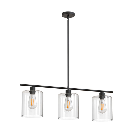 YANSUN 3-Light Black Industrial Island Pendant Light Fixtures, Linear Chandelier with Clear Glass Shade(Bulb Included)