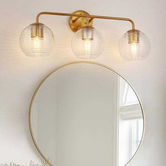 YANSUN Modern 25 in. 3-Light Gold Vanity Light Fixture with Globe Textured Glass Shades for Over Mirror and Bathroom