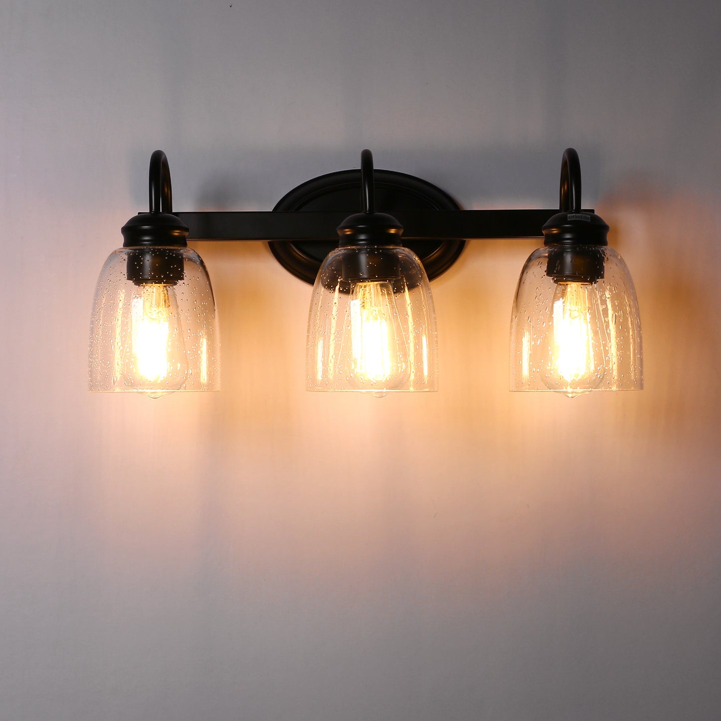 18.89 in. 3-Light Matte Black Modern Bathroom Vanity Light Mirror Wall Light with Black Accents and Seeded Glass Shade