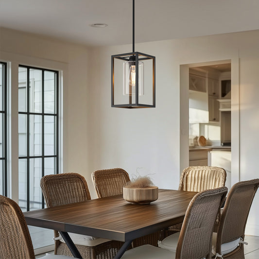 1-Light American Vintage Pendant Light with Black Finish, E26 Base Decorative Hanging Fixture