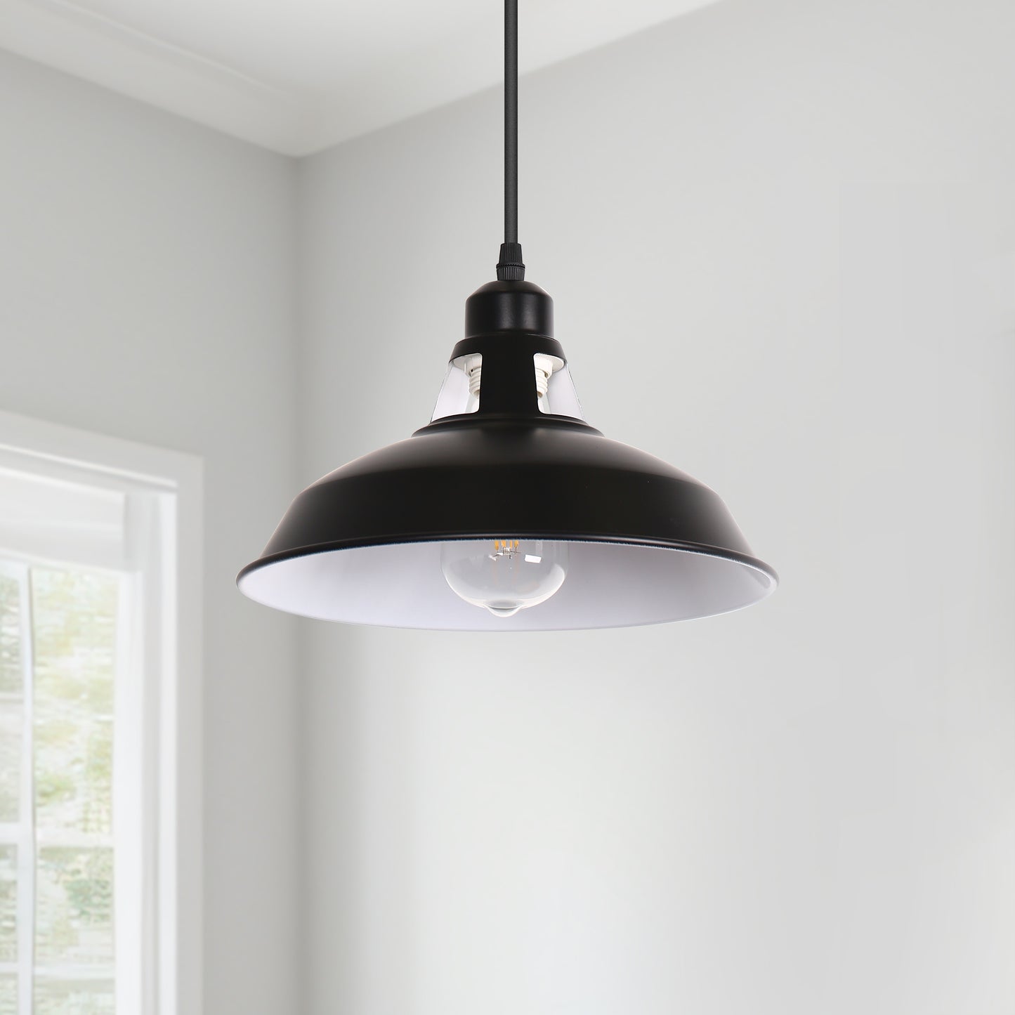 YANSUN 1-Light Black Industrial Bowl Shade Pendant Light with 16.4 ft. Plug-In Cord and On/Off Switch