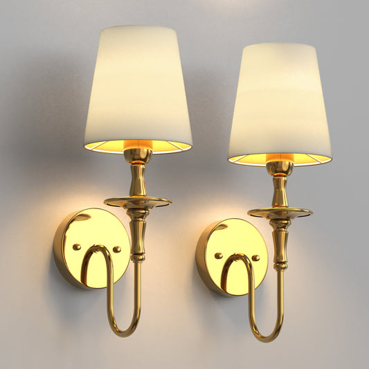 YANSUN Set of 2 Indoor Wall Lights, 1-Head, 2W Rechargeable E26 Bulb, Copper-Plated Metal Frame, White Ladder Column Fabric Shade, Non-Integrated Light Source