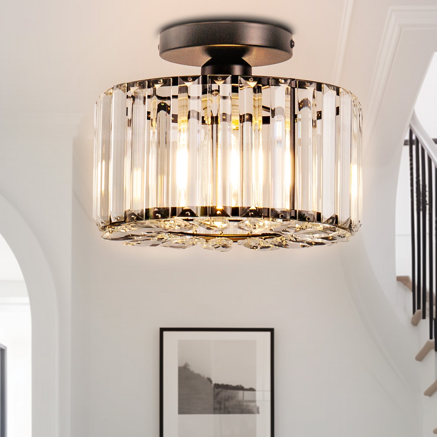 YANSUN 10 in. 1-Light Black Modern Semi-Flush Mount with Crystal Shade and No Bulbs Included