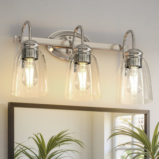 YANSUN 3-Head Vintage American Style Vanity Light, Non-Integrated Light Source, No Bulbs Included, Satin Nickel Finish, Teardrop Glass Shades