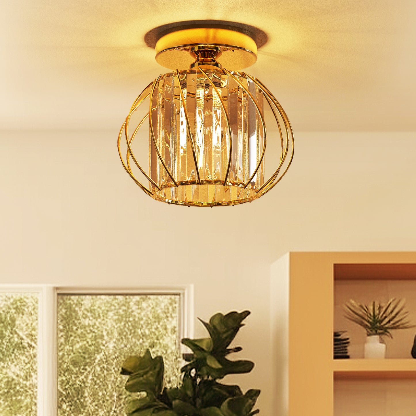 YANSUN 7 in. 1-Light Modern Gold Semi Flush Mount Ceiling Light with Clear Crystal