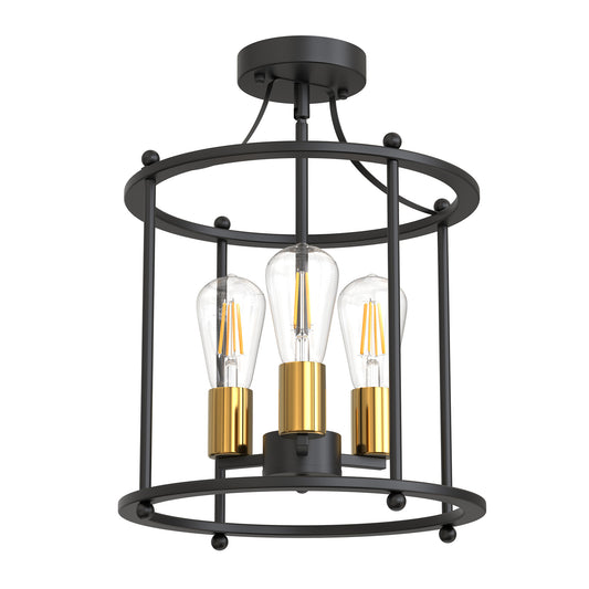 YANSUN 13 in. 3-Light Black Farmhouse Semi Flush Mount Ceiling Light Fixture, Vintage Ceiling Mount for Dining Room and Hallway