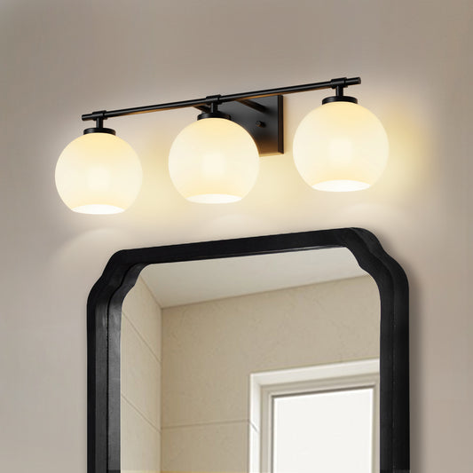 YANSUN 25 in. 3-Light Black Vanity Light with Milk White Globe Glass Shades for Bathroom, Mirror, Living Room