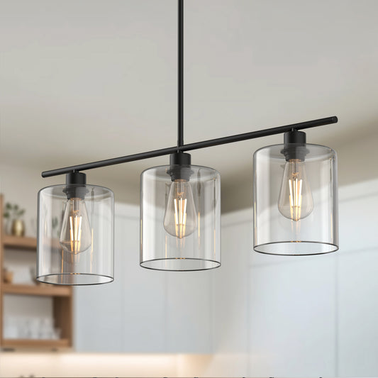 YANSUN 3-Light Black Linear Chandelier with Clear Glass Shades, Simple Industrial Hanging Light for Kitchen Island