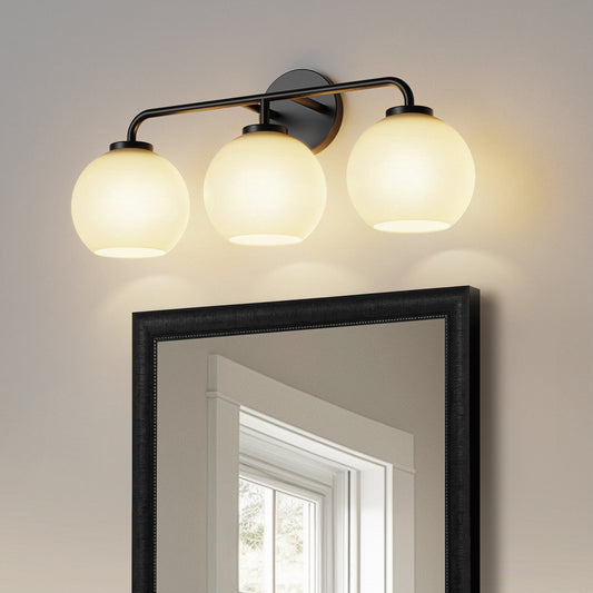 YANSUN 3-Head Vanity Light, Non-Integrated Light Source, No Bulbs Included, Black Housing, Round Wall Box with Milk White Striped Globe Shades, E26 Base