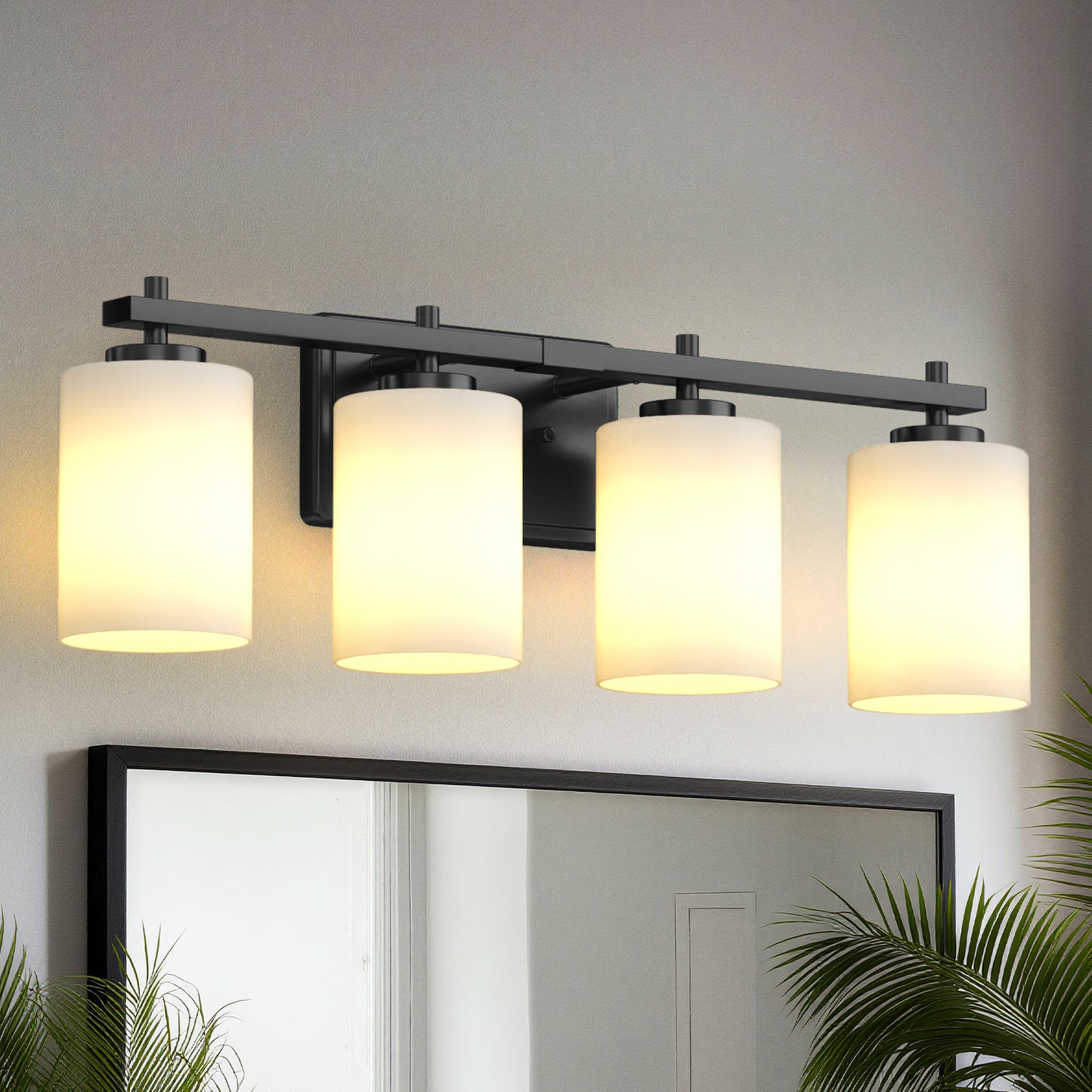 YANSUN 24 in. 4-Light Bathroom Vanity Light with Frosted Glass and Black Iron Frame