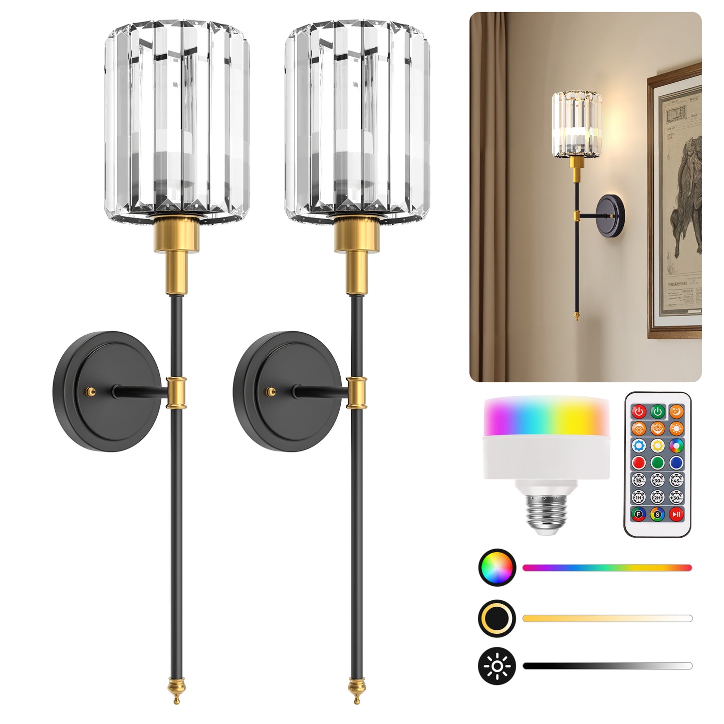 YANSUN 2pk Modern Crystal Wall Sconce with Remote Control, 24.6" Black & Copper Decorative Indoor Wall Light with RGB Color Changing Bulb