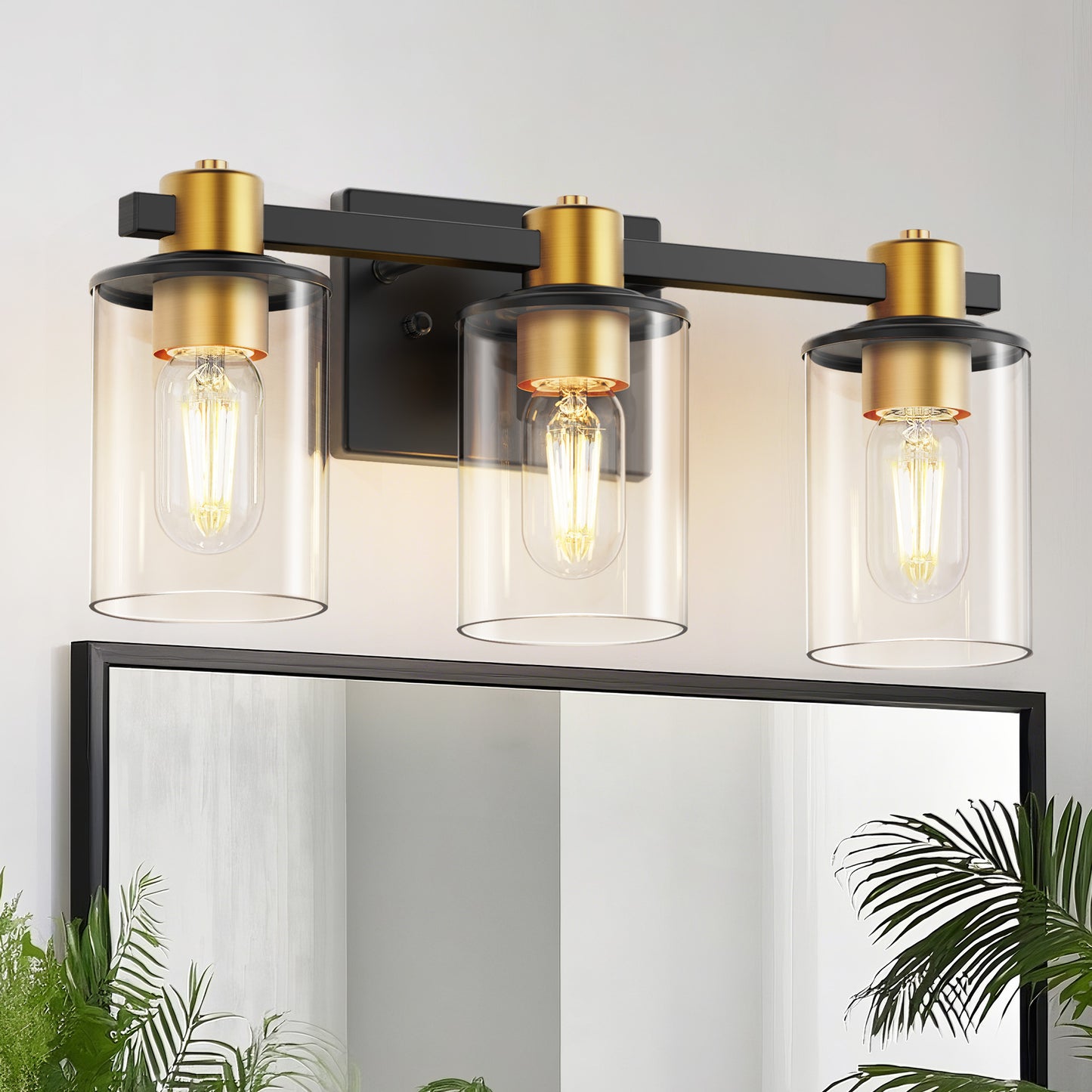 YANSUN 20 in. 3-Light Black Gold Bathroom Vanity Light with Clear Glass Shades for Mirror and Vanity