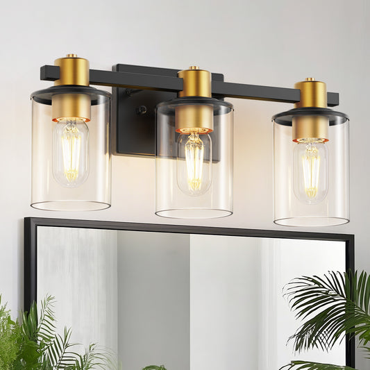 YANSUN 20 in. 3-Light Black Gold Bathroom Vanity Light with Clear Glass Shades for Mirror and Vanity