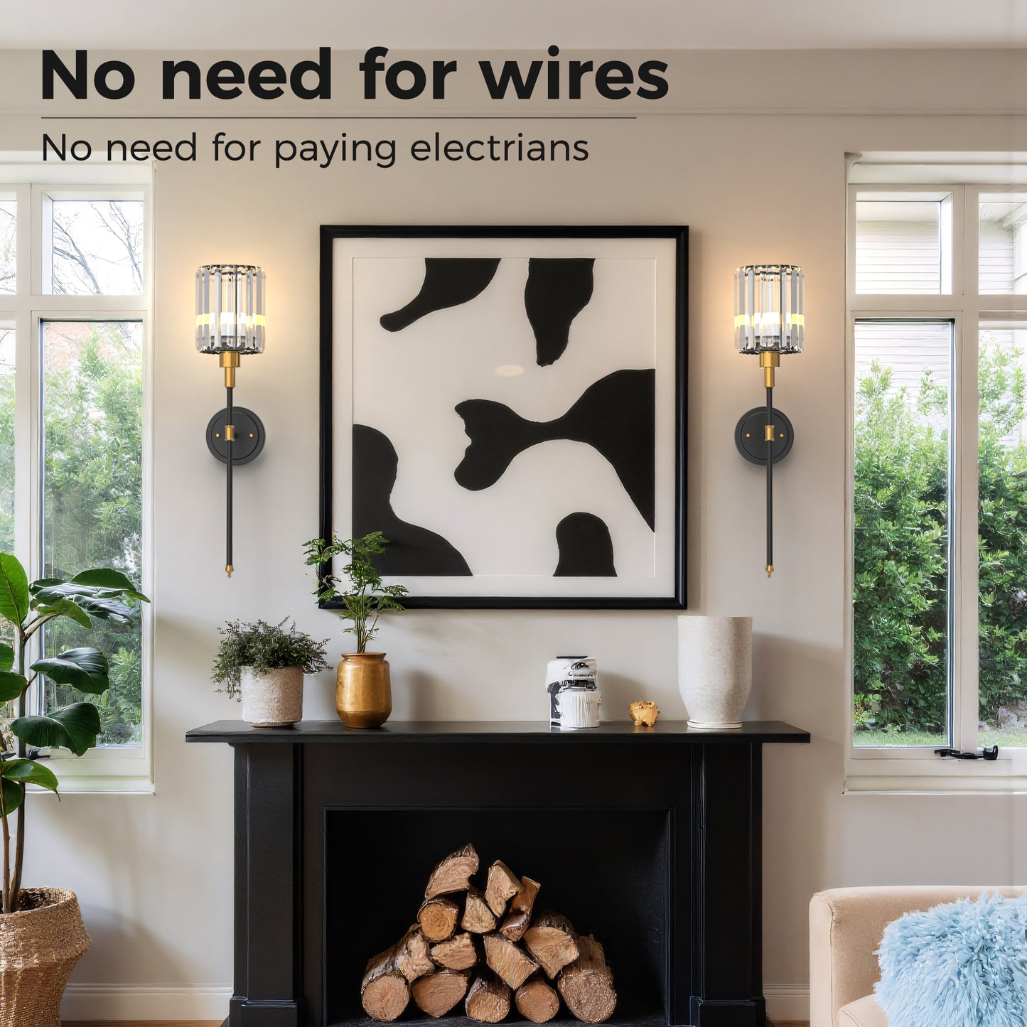 YANSUN 2pk Modern Crystal Wall Sconce with Remote Control, 24.6" Black & Copper Decorative Indoor Wall Light with RGB Color Changing Bulb